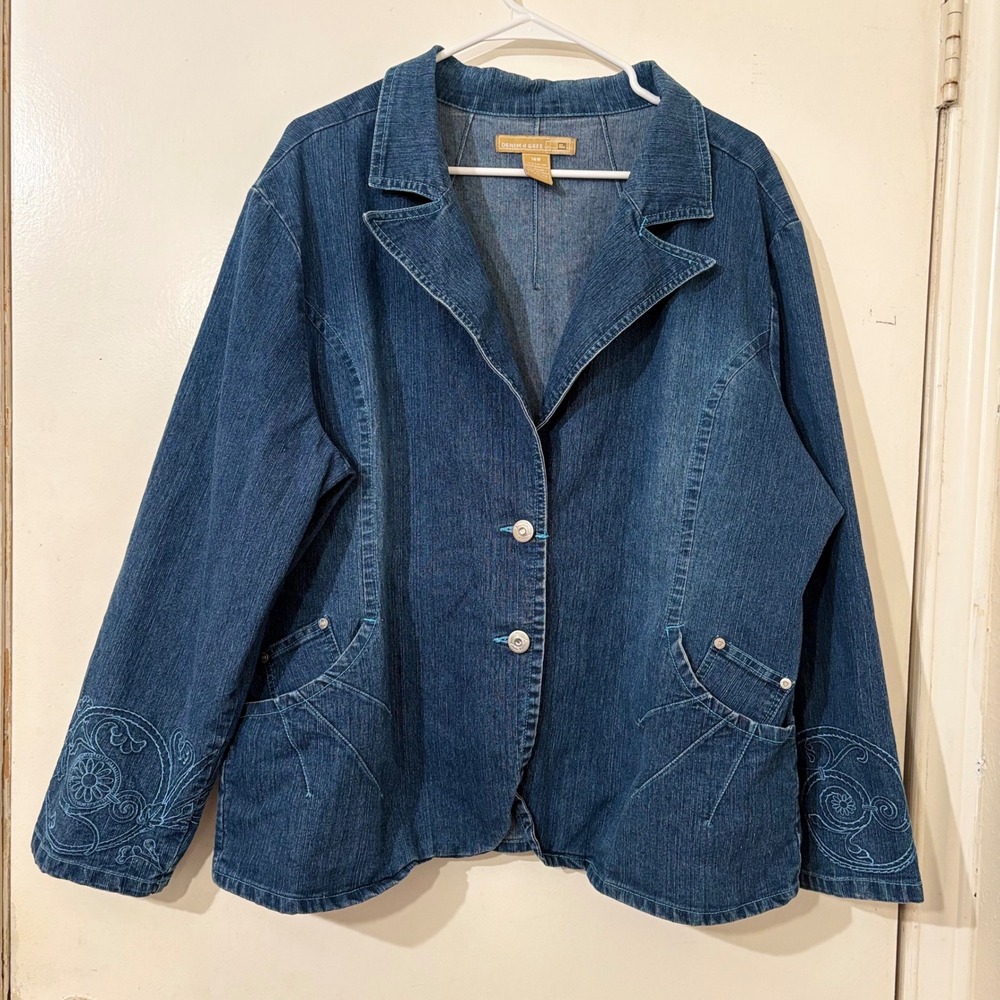 Denim d Gree Womens 14W Blue Denim Blazer Jacket Embroidered Cuffs Medium Wash